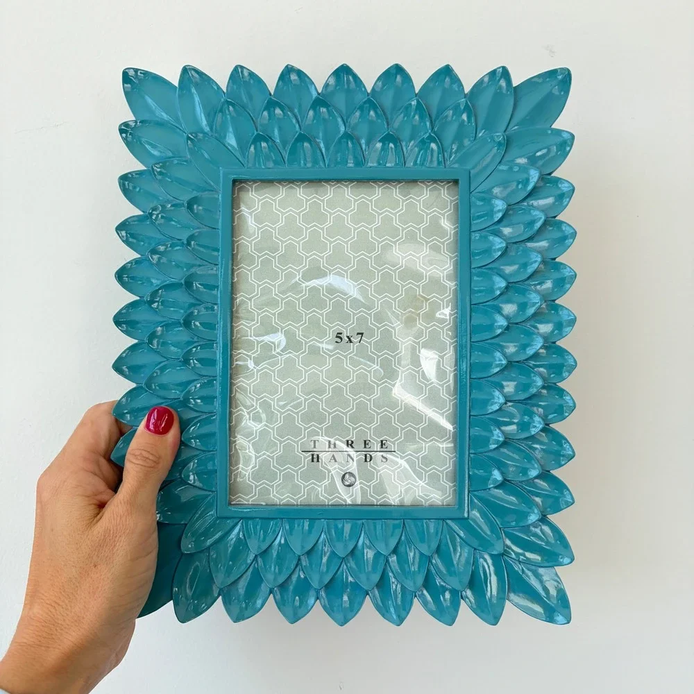 Three Hands Turquoise Metal Petal Leaf 5x7 Picture Frame Teal Glossy Rectangular